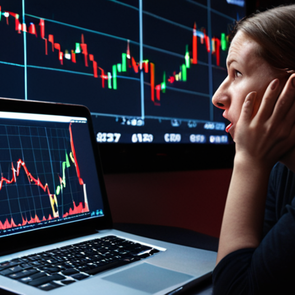 **Prompt:** A person (gender-neutral, 30s-40s) sitting awake in a dimly lit room at night, looking deeply worried and anxious. In front of them, a laptop or tablet screen glows with a dramatic red financial market crash chart, showing a steep decline. Subtle visual elements in the background, like abstract, turbulent financial graphs or blurred lines suggesting a rollercoaster track, emphasize the emotional stress and sleeplessness caused by market volatility. The overall mood is tense and fearful, with a realistic, slightly dramatic cinematic lighting.