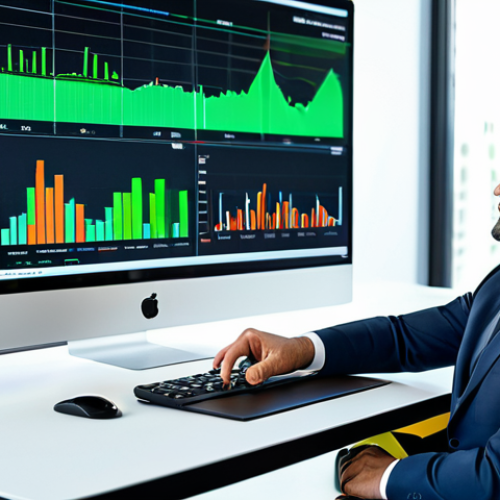 A focused professional Italian investor, fully clothed in a modest business suit, sitting at a sleek desk in a contemporary, brightly lit office. They are looking at a holographic or transparent screen displaying complex ESG data and sustainability metrics, with positive green indicators. The scene conveys a sense of thoughtful decision-making and responsible financial management. The background features subtle elements of modern design and sustainable materials. Perfect anatomy, correct proportions, natural pose, well-formed hands, proper finger count. Professional photography, high quality, safe for work, appropriate content, family-friendly.