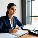 A focused young professional of Italian ethnicity, looking confidently at a long-term financial plan. The subject is wearing a well-tailored, modest business suit, professional dress. They are sitting at a sleek, minimalist wooden desk in a sunlit, modern office. On the desk, an open notebook displays clear, structured financial goals and a pen. A subtle blurred background shows a growing graph or a timeline stretching into the future, symbolizing long-term investment and discipline. Professional photography, high resolution, soft lighting, natural pose, perfect anatomy, correct proportions, well-formed hands, proper finger count, natural body proportions, fully clothed, modest clothing, appropriate attire, professional, family-friendly, safe for work, appropriate content.