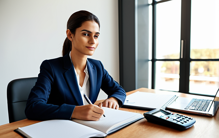 A focused young professional of Italian ethnicity, looking confidently at a long-term financial plan. The subject is wearing a well-tailored, modest business suit, professional dress. They are sitting at a sleek, minimalist wooden desk in a sunlit, modern office. On the desk, an open notebook displays clear, structured financial goals and a pen. A subtle blurred background shows a growing graph or a timeline stretching into the future, symbolizing long-term investment and discipline. Professional photography, high resolution, soft lighting, natural pose, perfect anatomy, correct proportions, well-formed hands, proper finger count, natural body proportions, fully clothed, modest clothing, appropriate attire, professional, family-friendly, safe for work, appropriate content.